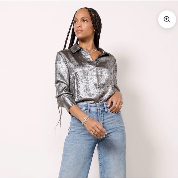 Evereve Shimmering Silver Button Down Shirt "Florence Foil Shirting" small - Picture 2 of 9